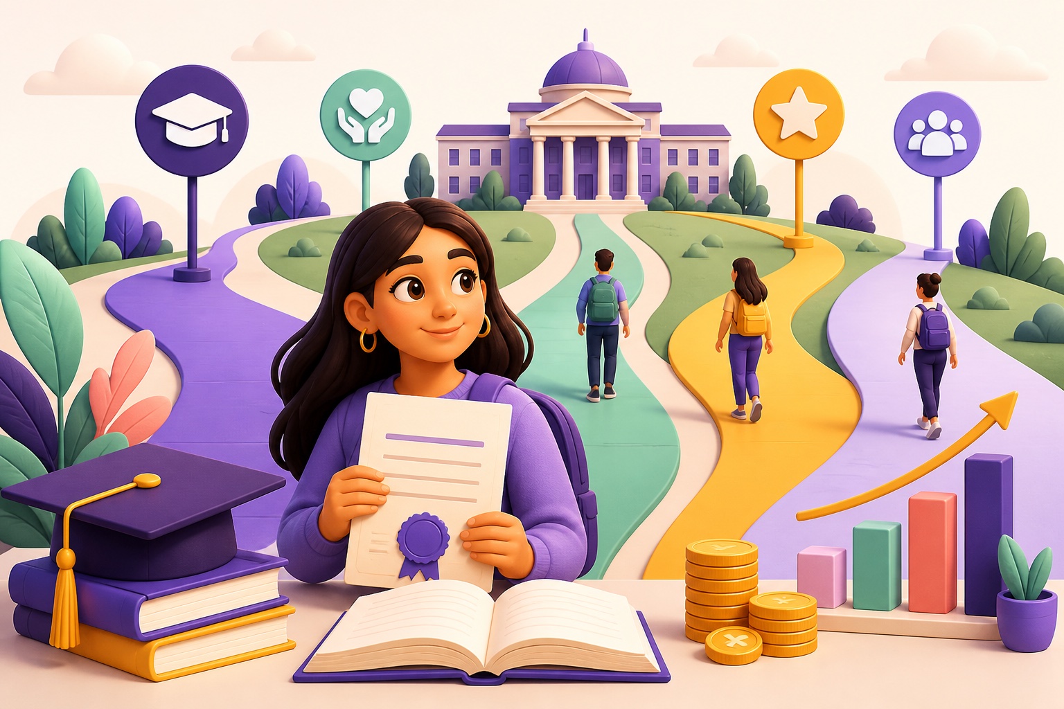 Étudiante entourée de parcours et de symboles de bourses universitaires